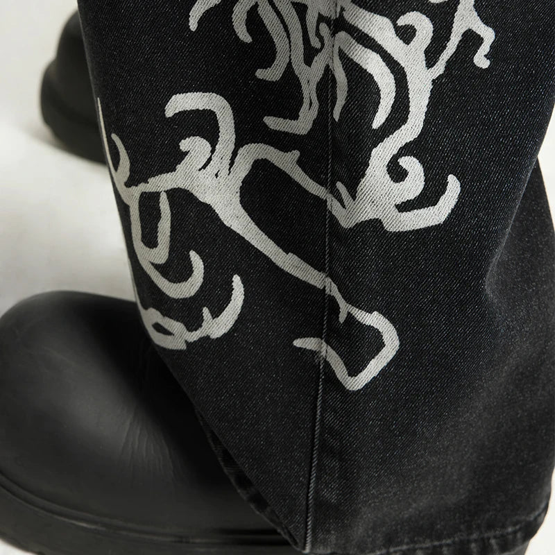 Black Print Denim Straight Leg Jeans