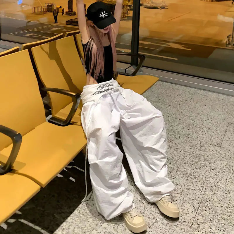 White Embroidered Parachute Pants