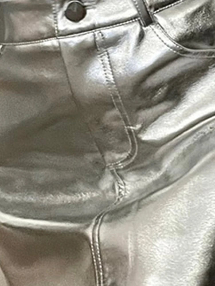 Pink Silver Reflective Shiny Leather Mini Skirts