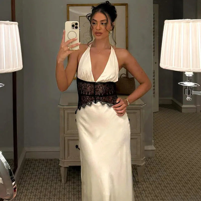 Backless Halter Lace Maxi Dress