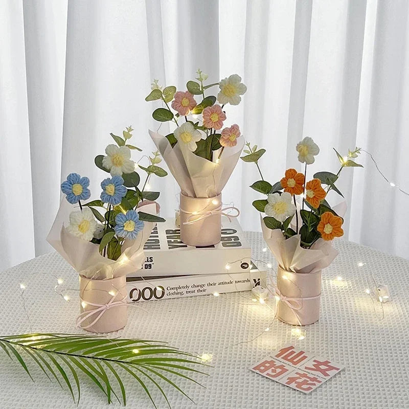 Crochet Flower Bouquet With LED Light String Gift