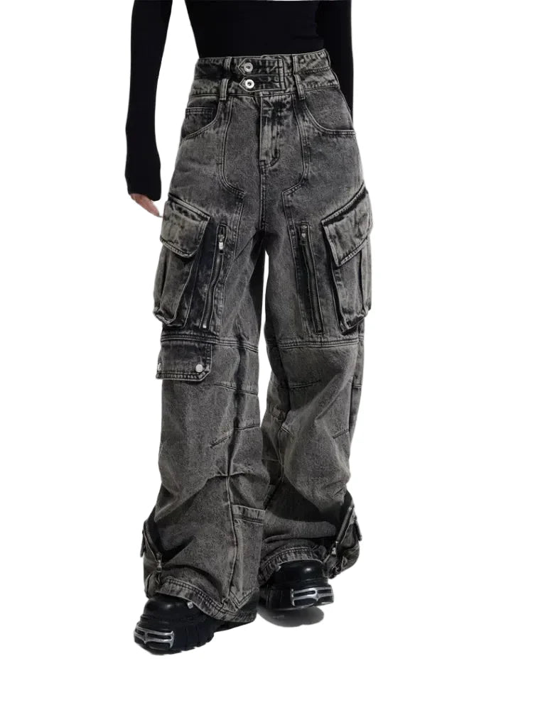 Vintage Grey Pleated Washed Cargo Jeans
