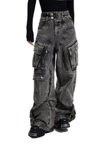 Vintage Grey Pleated Washed Cargo Jeans