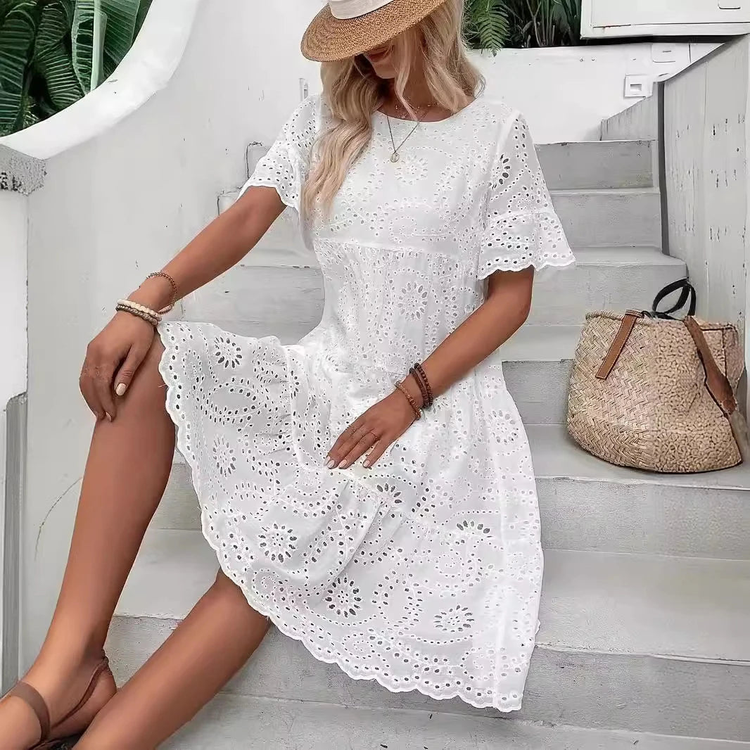 Women's White Hollow Out Boho Midi Dress
