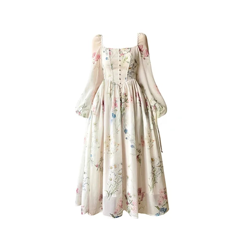 French Floral Chiffon Maxi Dress