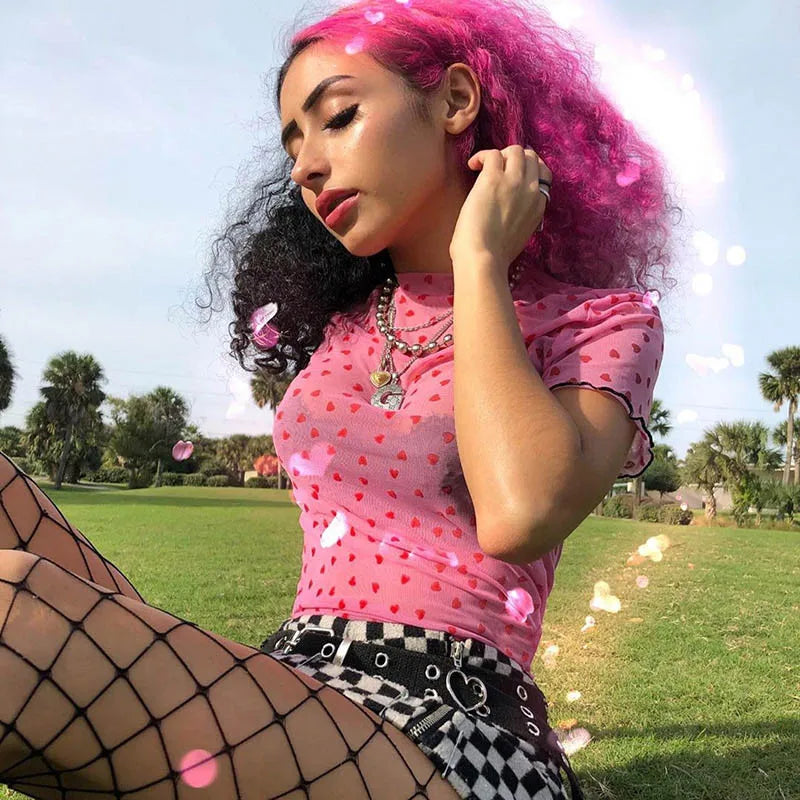 Baddie Heart Mesh Sheer Crop Top