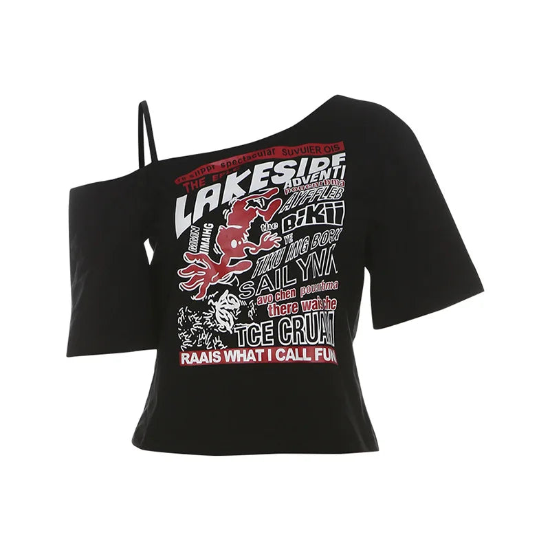 T-Shirt mit Buchstaben-Print, schulterfrei, Gothic