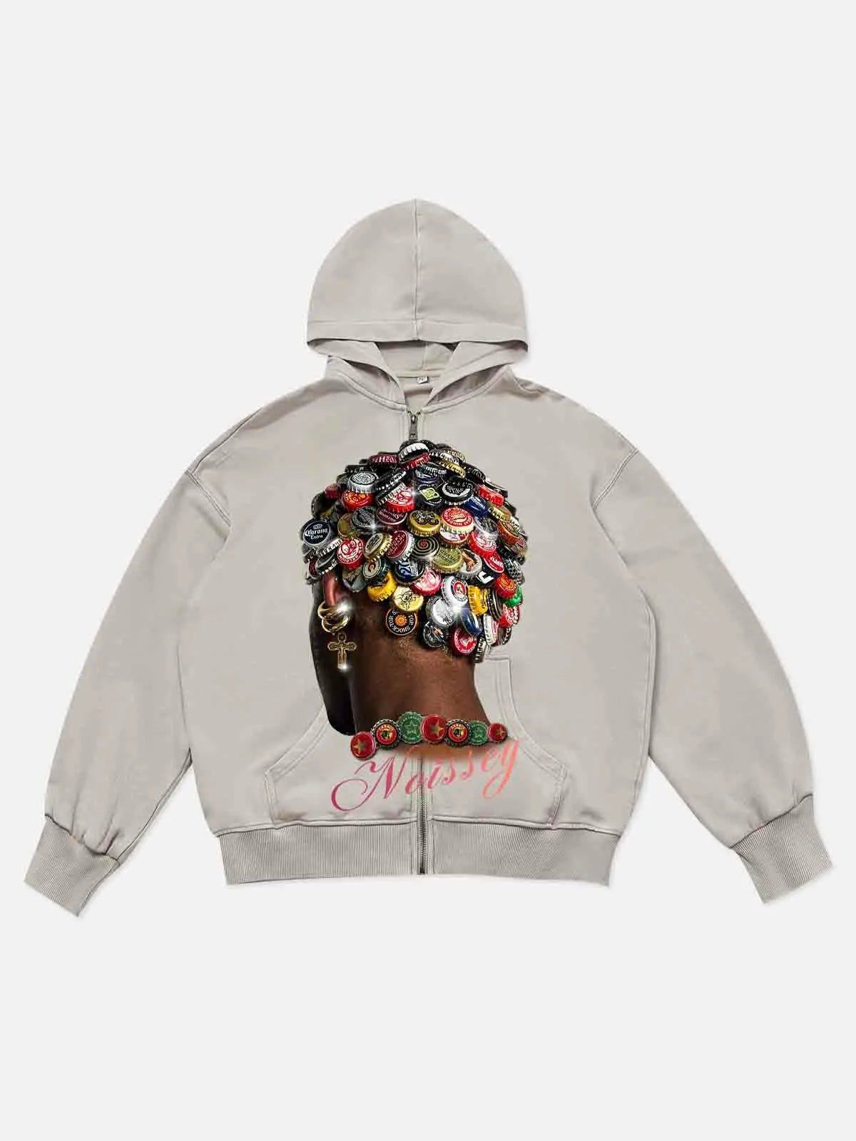 Cream Lips Print Zip-Up Hoodie