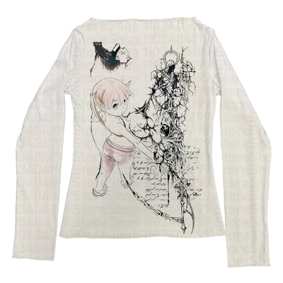 Vintage Grim Reaper Kawaii Girl Langarm-T-Shirt