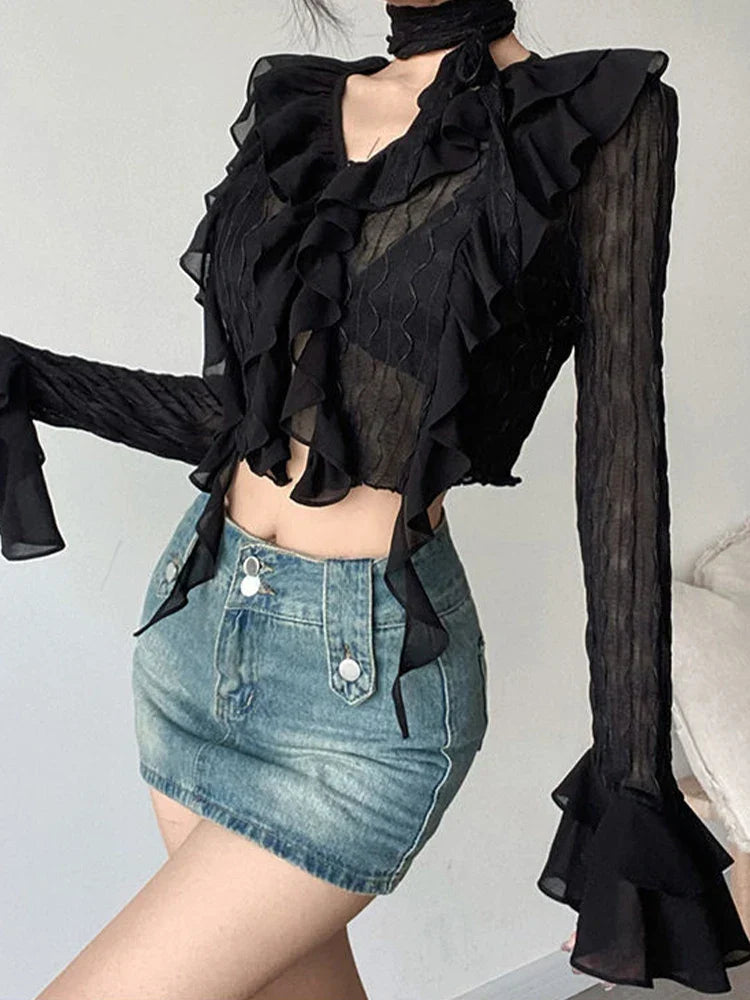 Black Mesh Cropped Blouse