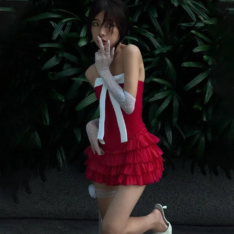 Coquette Red Strapless Bow Set