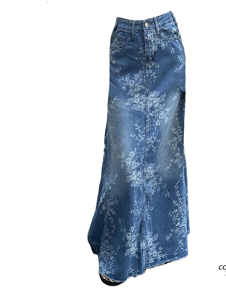 Korean Vintage A-line Maxi Denim Skirt