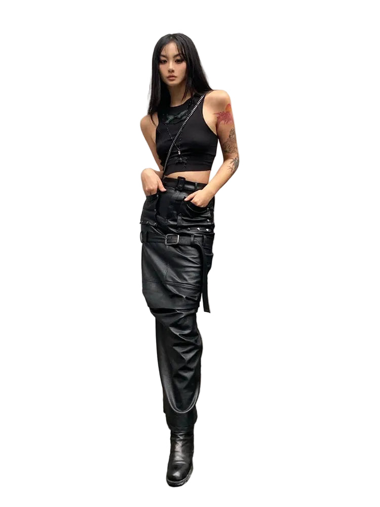 Cool Black Leather High Waist Maxi Skirt Slit Belt