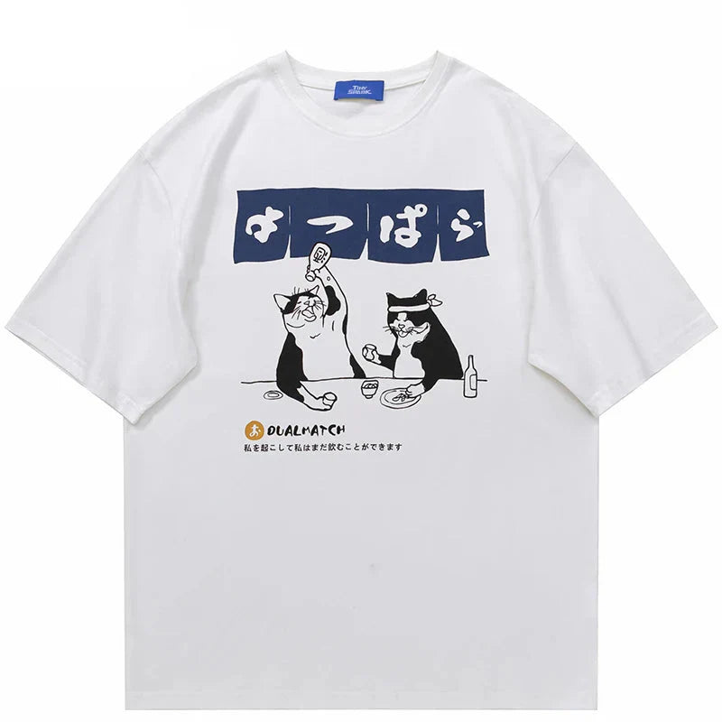 Japanese Cartoon Drinking Cat T-Shirt