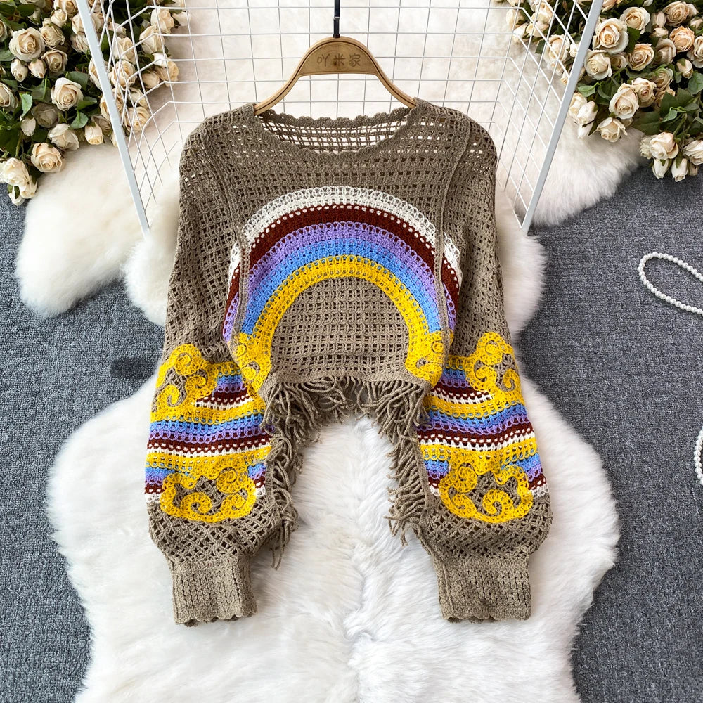 Handmade Knitted Embroidery Rainbow Crochet Top