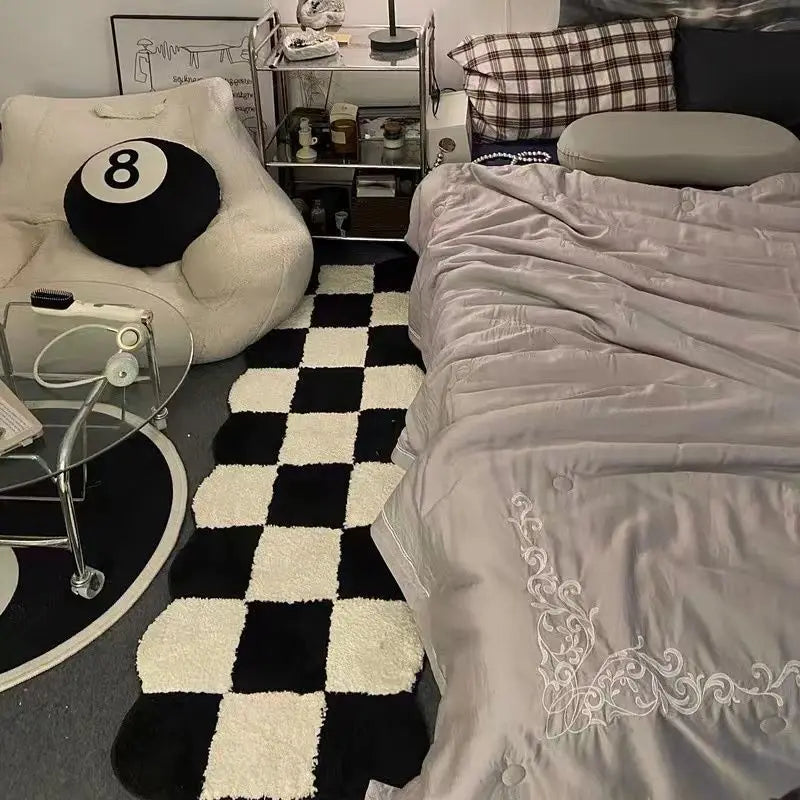 Black Checkered Bedroom Rug