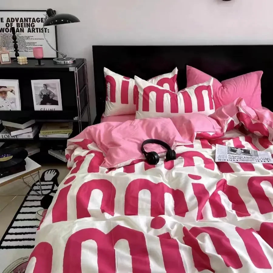 Korean Pink Letter Bedding Set