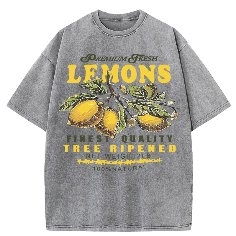 Fresh Lemon Fruit Print Washed T-Shirt