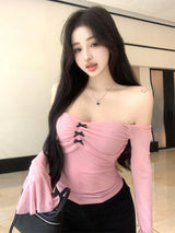 Pink Mesh Bow Cropped Long Crop Top