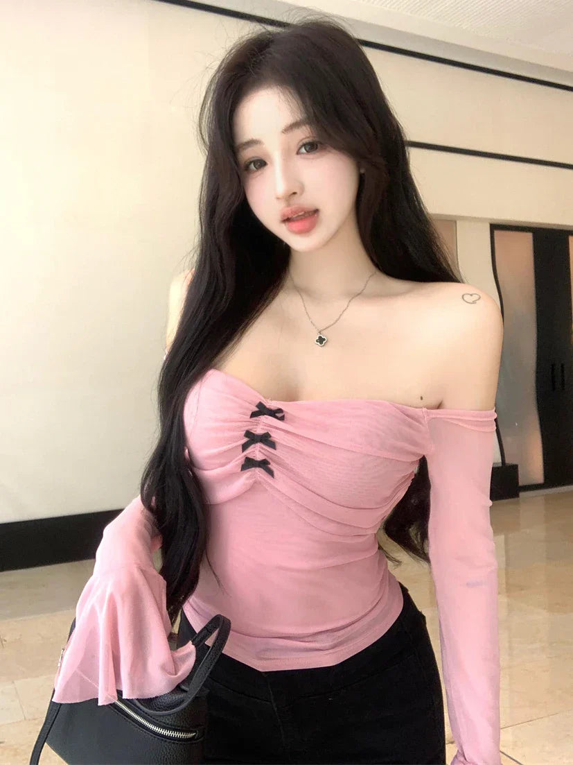 Pink Mesh Bow Cropped Long Crop Top