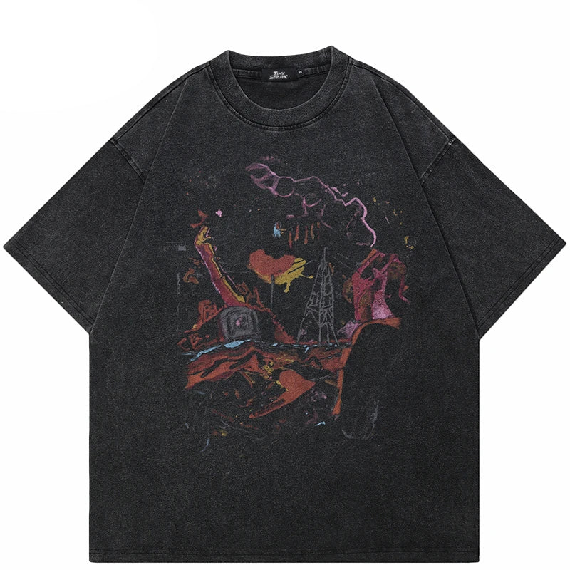 Retro  Graphic Cotton Washed Black T-Shirt