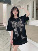 Diamond Bow Shiny Round Neck T-Shirt