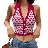 Heart Print Y2K Halter Crop T-Shirt