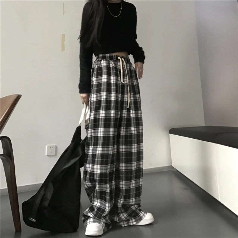 High Waisted Plaid Baggy Pants