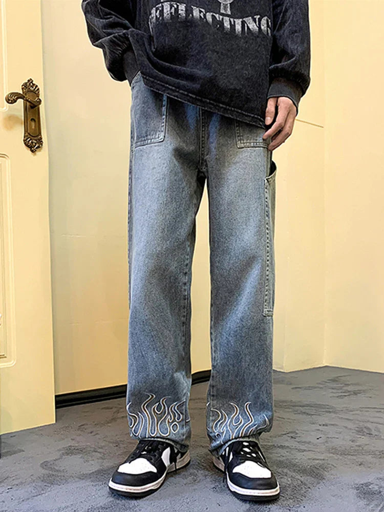 Flame Print Baggy Wide Leg Jeans