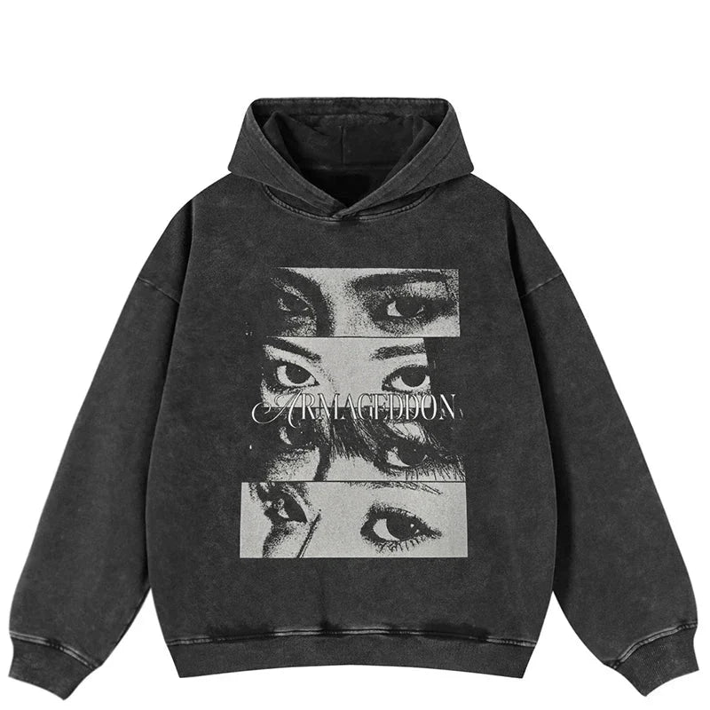 Verwaschener Hoodie aus schwerer Baumwolle mit Augen-Print