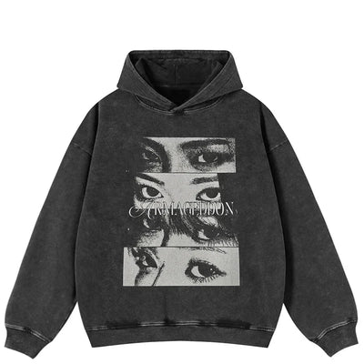 Sudadera con capucha descolorida de algodón grueso con ojos lavada en negro