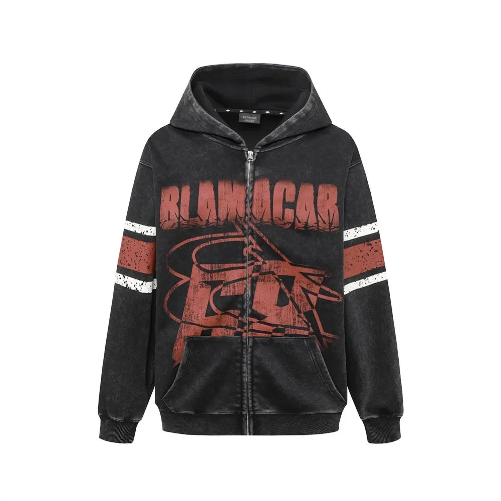 Retro Distressed Print Hooded Sweatshirt