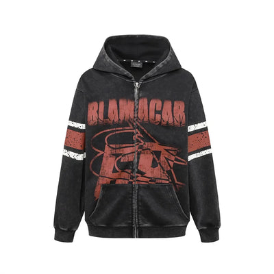 Retro Distressed Print Hooded Sweatshirt
