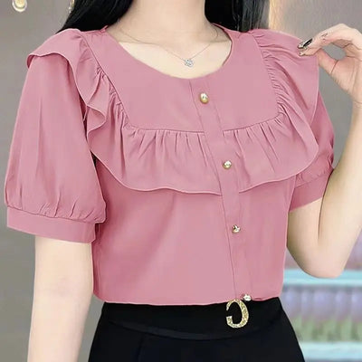 Chiffon Patchwork Ruffles Button Neck Shirt
