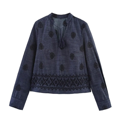 Vintage Women Embroidered Dark Blue Blouse