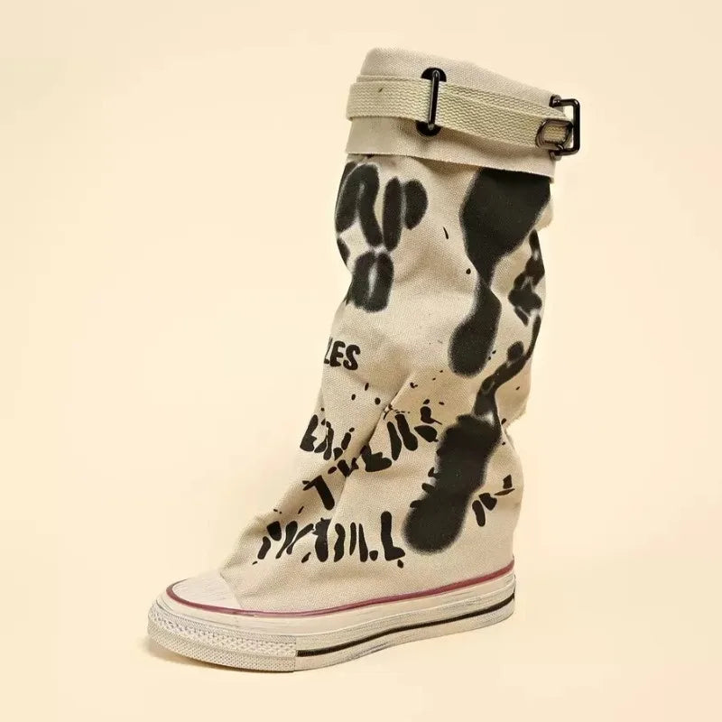 Distressed Breathable Canvas Mid-Calf Boots