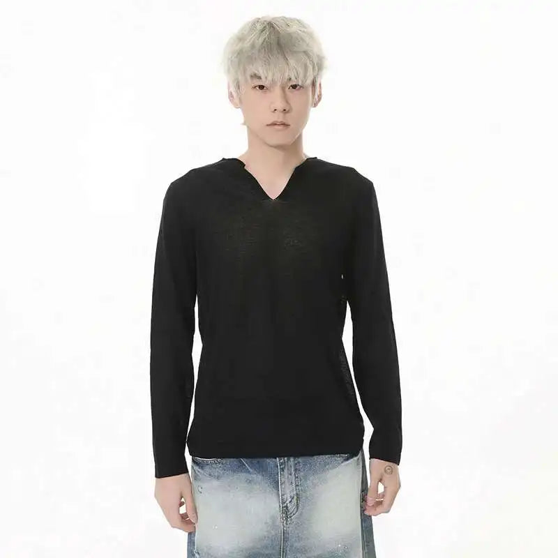 Schlankes, langärmliges V-Neck T-Shirt im koreanischen Stil