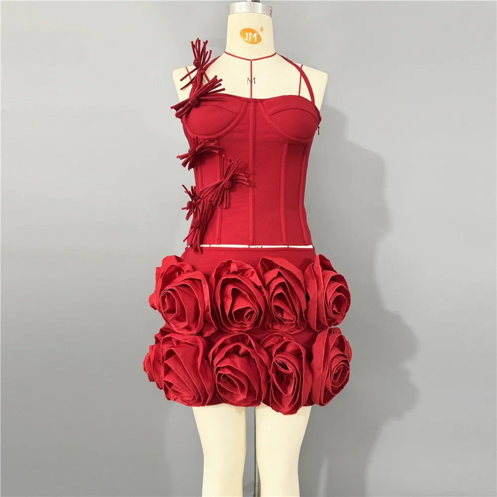 Flowers Corset Top & Ruffled Mini Skirt Set