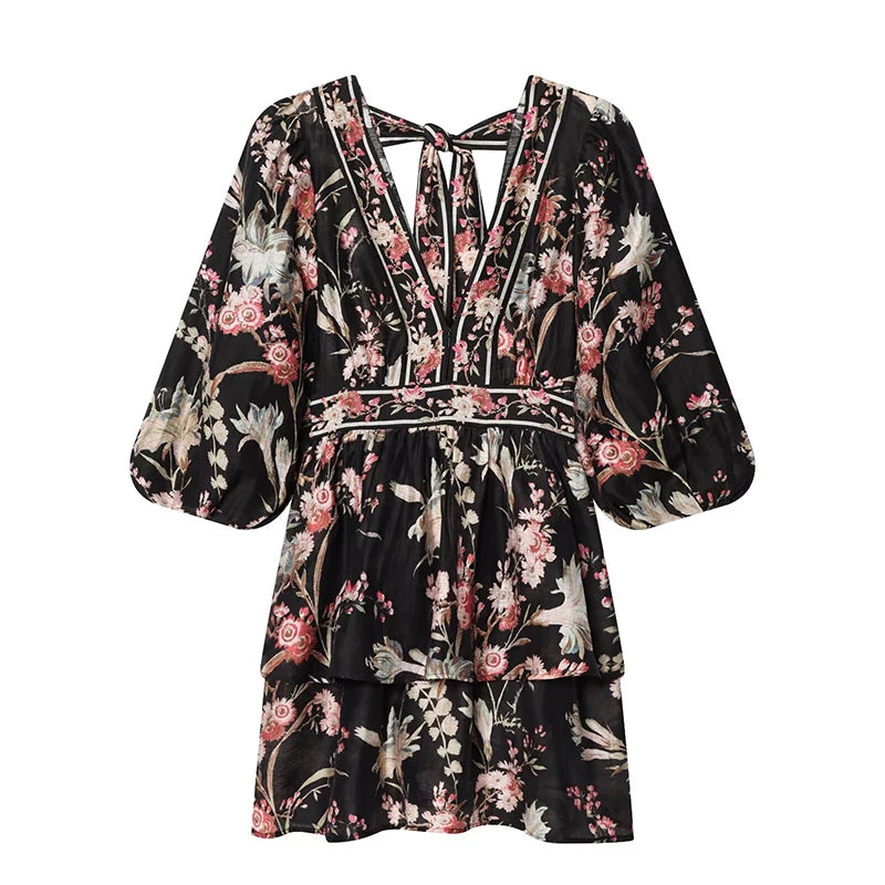 Vintage V Neck Floral Print Short Dress