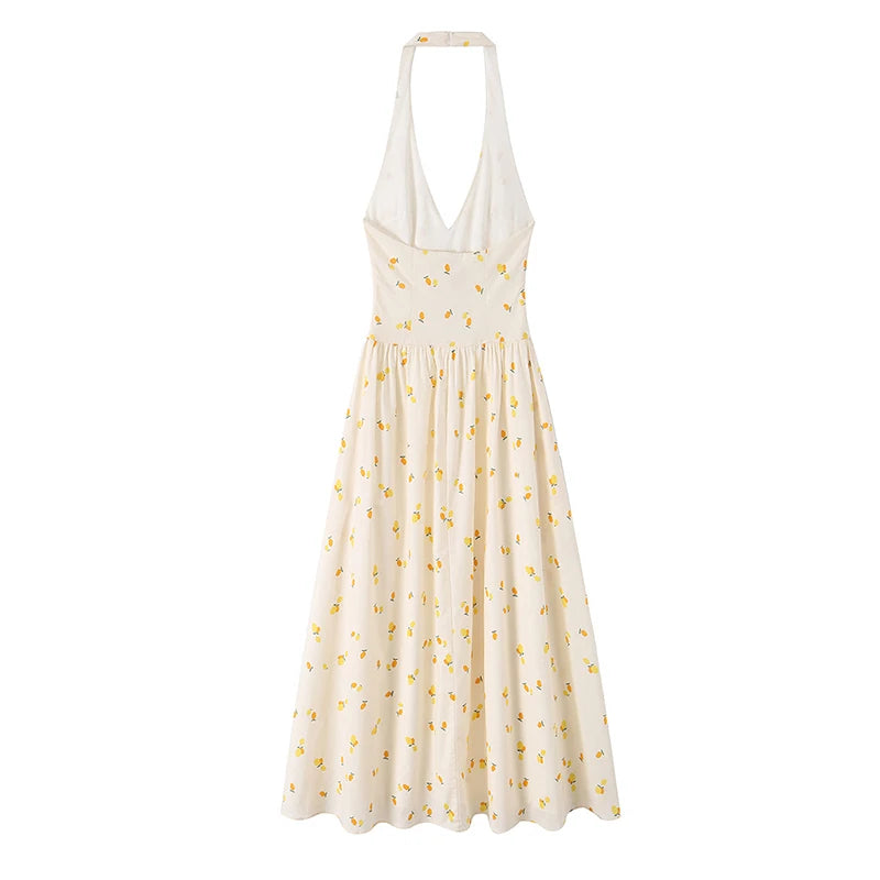 Floral Print Halter V Neck Midi Dress