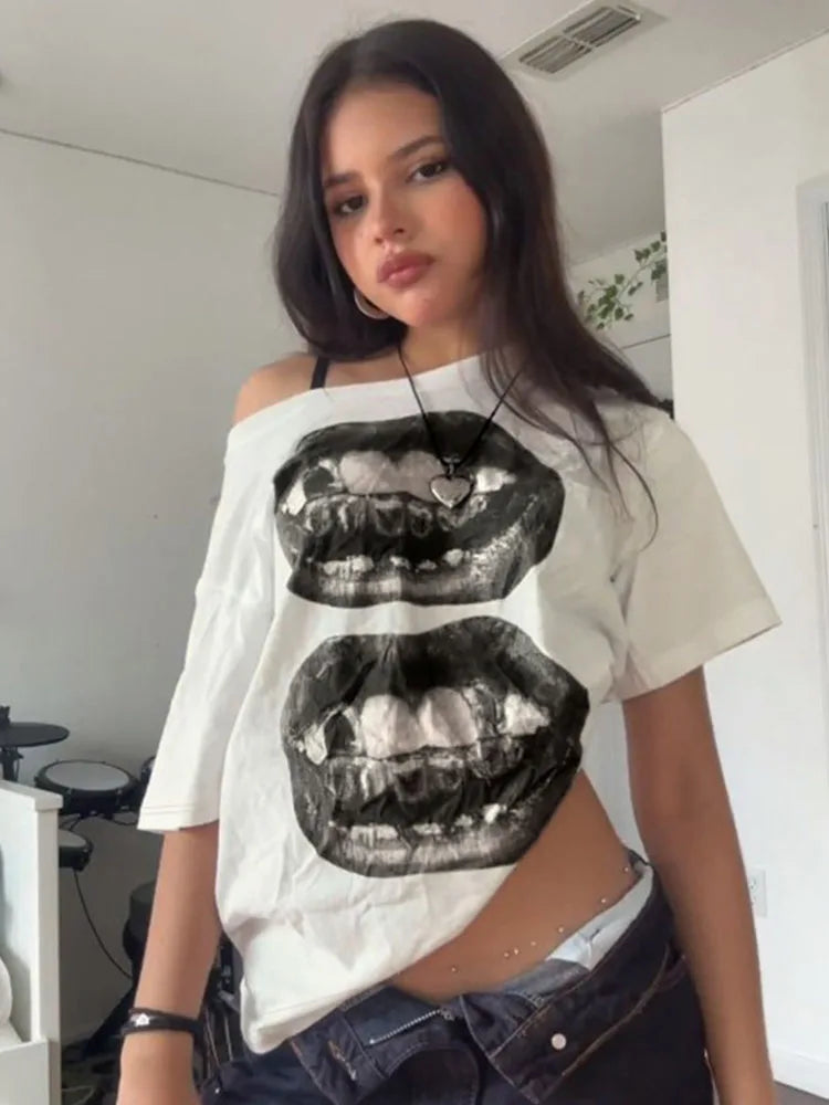 American Street Hip Hop Mouth Print Loose T-shirt