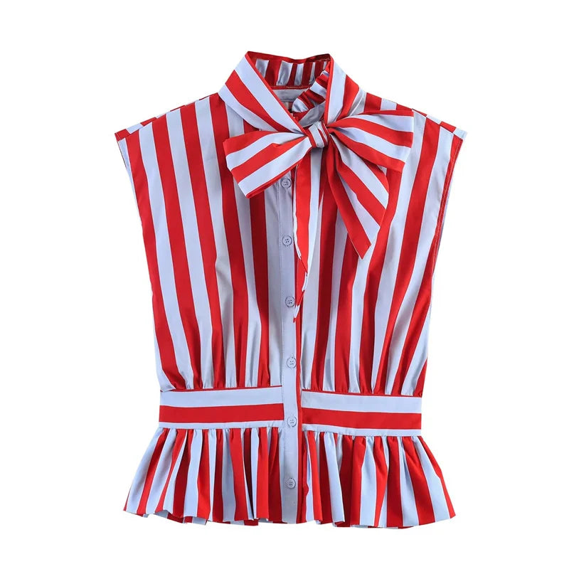 Old Money Bowknot Stripped Sleeveless Shirt