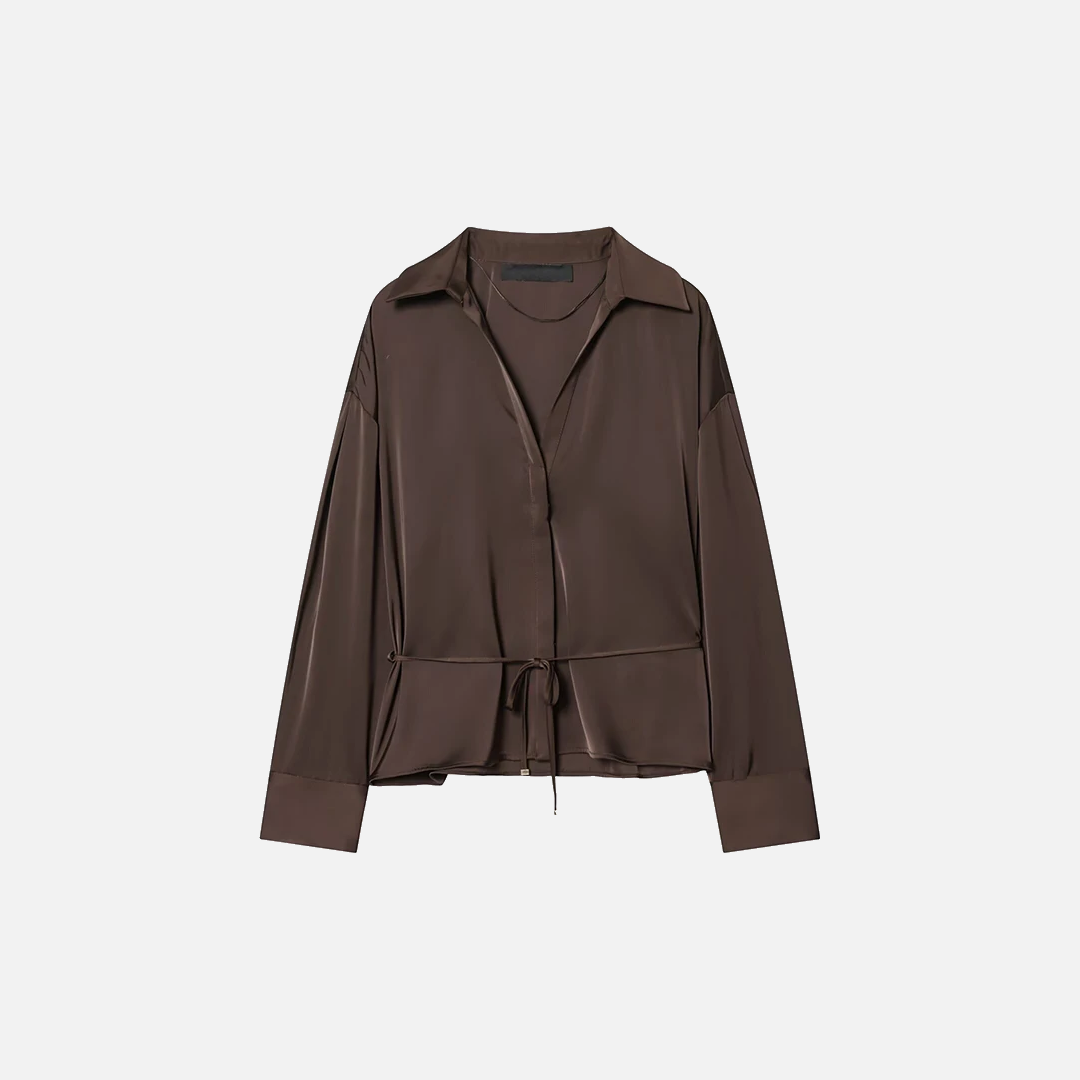 Damen Elegante Satinbluse in Braun mit Gürtel