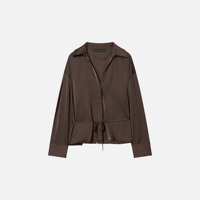 Women Elegant With Belt Satin Brown Shirt