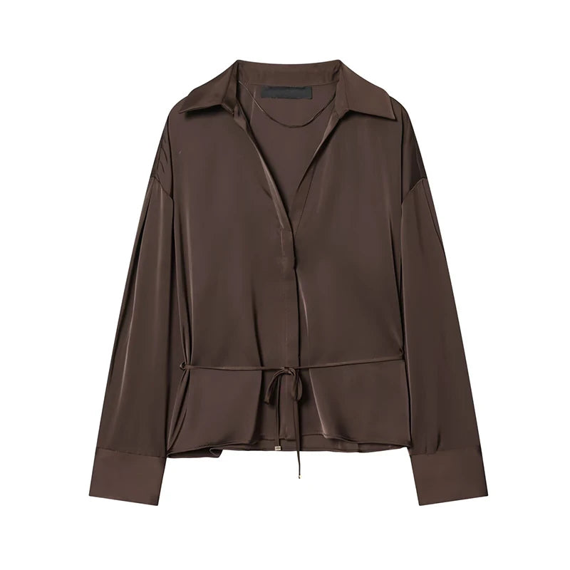 Women Elegant With Belt Satin Brown Shirt