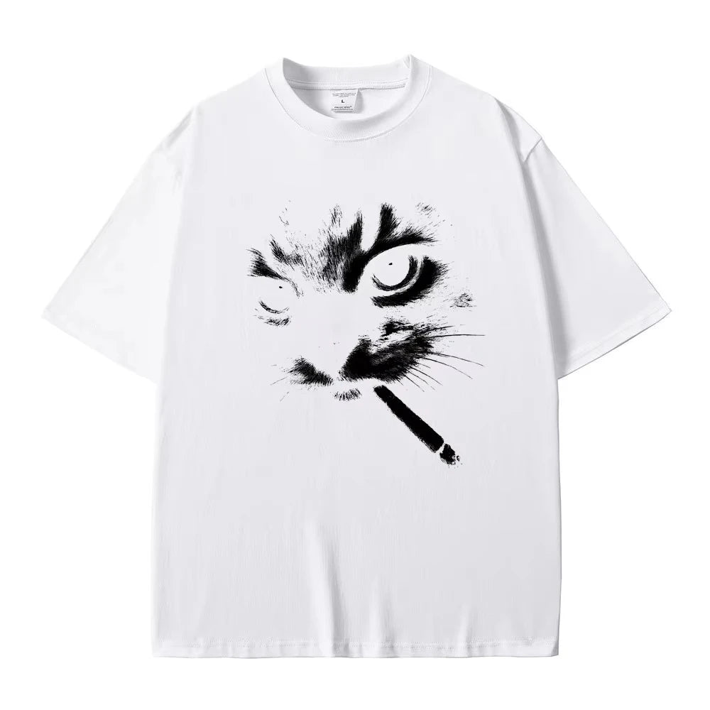Smoking Cat Print T-shirt