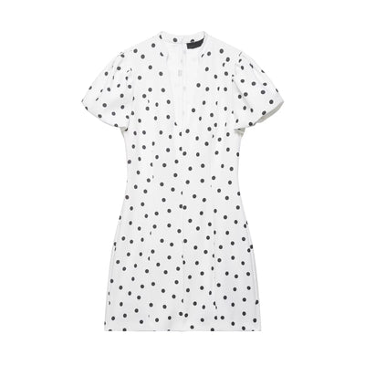 V-Ausschnitt gepunktetes weißes Minikleid