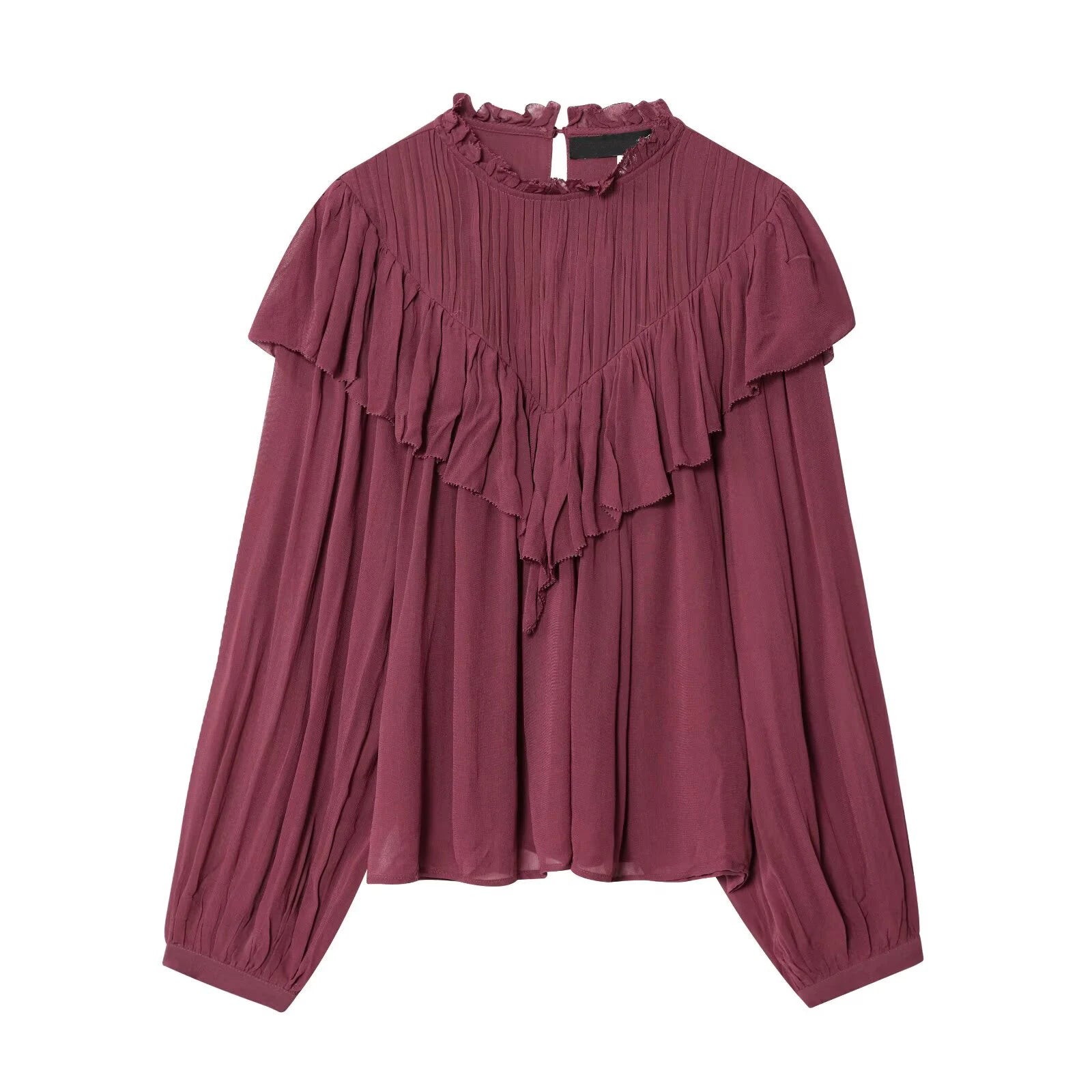 Women Wine Red Ruffle Chiffon Blouse