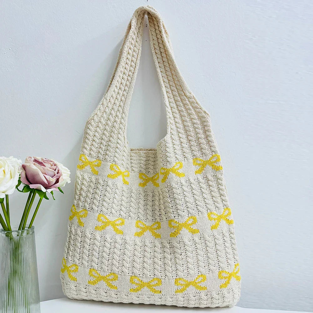 Bow Pattern Knitted Crochet Tote Bag