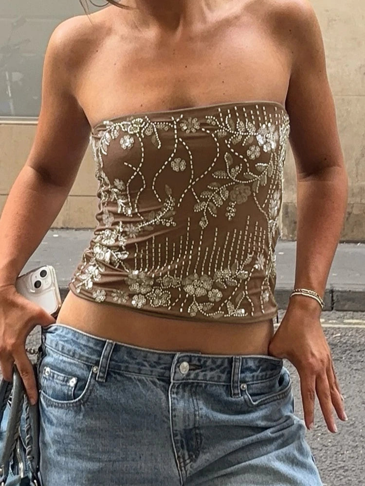 Strapless Bra Floral Bralette Pink Crop Top